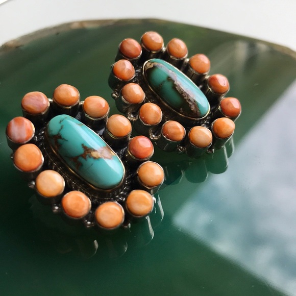 *SOLD* Native American Turquoise & Coral Earrings - Picture 2 of 6